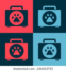 Pop art Pet first aid kit icon isolated on color background. Dog or cat paw print. Clinic box.  Vector