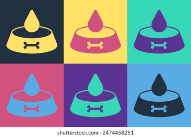 Pop art Pet food bowl for cat or dog icon isolated on color background. Dog or cat paw print.  Vector