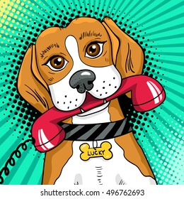  Pop Art Pet. Funny Dog With Big Sad Eyes Holding Red Phone Receiver In Mouth. Vector Hand-drawn Invitation  Poster In Retro Comic Pop Art Style.