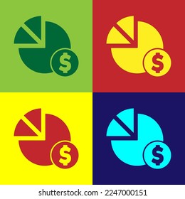 Pop art Pie chart infographic and dollar symbol icon isolated on color background. Diagram chart sign.  Vector