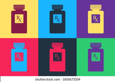 Pop art Pill bottle with Rx sign and pills icon isolated on color background. Pharmacy design. Rx as a prescription symbol on drug medicine bottle. Vector.