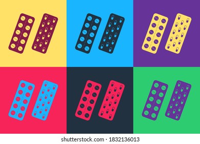 Pop art Pills or capsules in blister package icon isolated on color background. Tablets in package. Medications Accessory pharmacies and first aid kits. Vector.