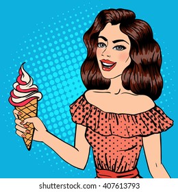 Pop Art Pin Up Beautiful Woman with Ice cream Cone. Vector illustration