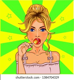 pop art pin up girl blond sucks lollipop and makes beckoning gesture with her finger, isolated on full color background, Advertising poster for sales, discounts, special offers