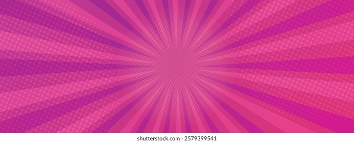 Pop art pink dotted background. Retro backdrop with sun rays in comic book style. Cartoon funny vector pattern. Sunburst halftone illustration. Pixelated overlay texture poster, banner.