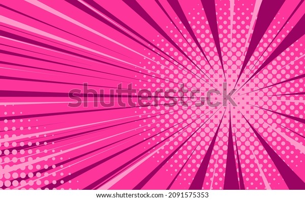 Pop art pink magazine cover. Manga anime action
frame lines with halftones. Retro background with exploding rays of
lightning comic style, vector. Abstract explosive template with
speed lines