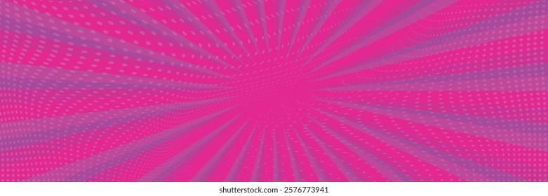 Pop art pink purple dotted background. Retro backdrop with sun rays in comic book style. Cartoon funny vector pattern.