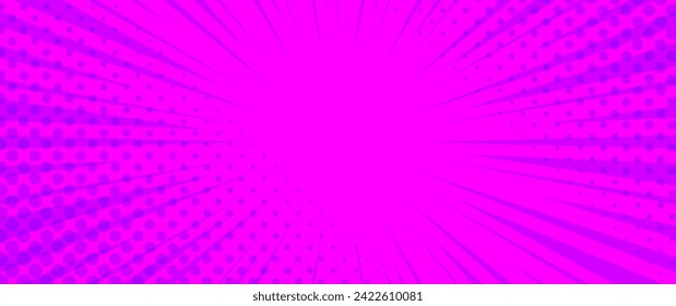 Pop art pink and purple vintage comic magazine cover with rays. Cartoon vector halftone template. Pop Art illustration with halftone dots and rays. Pink explosion rays background in cartoon style.