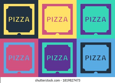 Pop art Pizza in cardboard box icon isolated on color background. Box with layout elements.  Vector Illustration