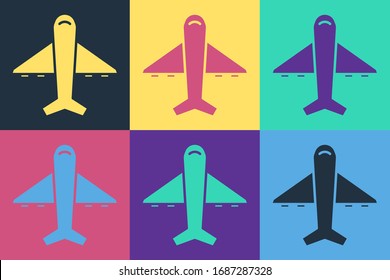 Pop art Plane icon isolated on color background. Flying airplane icon. Airliner sign.  Vector Illustration