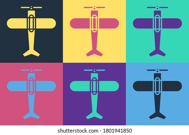Pop art Plane icon isolated on color background. Flying airplane icon. Airliner sign.  Vector Illustration
