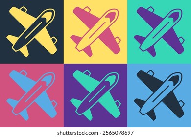 Pop art Plane icon isolated on color background. Flying airplane icon. Airliner sign.  Vector