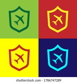 Pop art Plane with shield icon isolated on color background. Flying airplane. Airliner insurance. Security, safety, protection, protect concept. Vector.