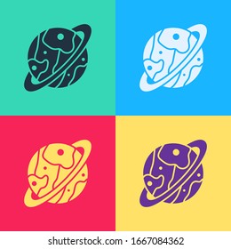 Pop art Planet Saturn with planetary ring system icon isolated on color background.  Vector Illustration