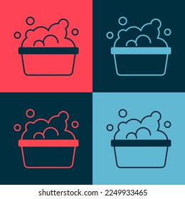 Pop art Plastic basin with soap suds icon isolated on color background. Bowl with water. Washing clothes, cleaning equipment.  Vector