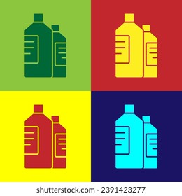 Pop art Plastic bottles for laundry detergent, bleach, dishwashing liquid or another cleaning agent icon isolated on color background.  Vector Illustration