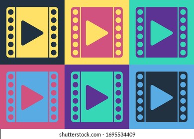 Pop art Play Video icon isolated on color background. Film strip sign.  Vector Illustration