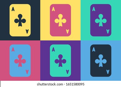 Pop art Playing card with clubs symbol icon isolated on color background. Casino gambling.  Vector Illustration