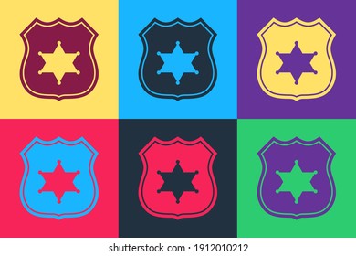 Pop art Police badge icon isolated on color background. Sheriff badge sign. Vector.