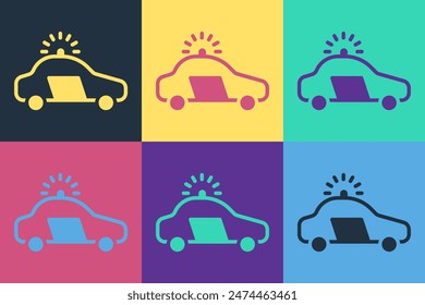 Pop art Police car and police flasher icon isolated on color background. Emergency flashing siren.  Vector