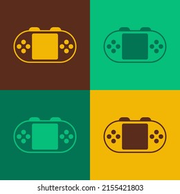 Pop art Portable video game console icon isolated on color background. Handheld console gaming.  Vector