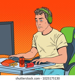 Pop Art Portrait of Exhausted Man Playing Video Games. Computer Addicted Guy. Vector illustration