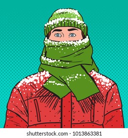 Pop Art Portrait of Frozen Man in Warm Winter Clothes. Cold Weather. Vector illustration