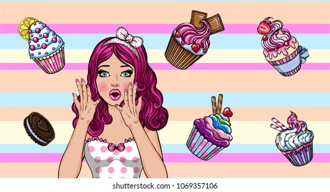 Pop art portrait of a girl. Pattern with muffins
