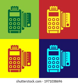 Pop art POS terminal with inserted credit card and printed reciept icon isolated on color background. NFC payment concept.  Vector Illustration