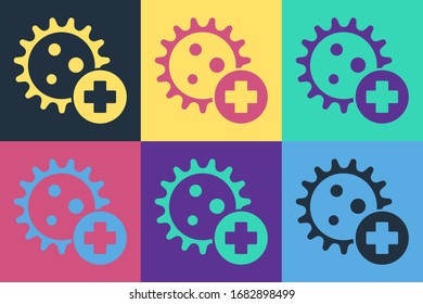 Pop art Positive virus icon isolated on color background. Corona virus 2019-nCoV. Bacteria and germs, cell cancer, microbe, fungi.  Vector Illustration