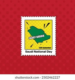 Sello postal de arte Pop del mapa verde de Arabia Saudita para celebrar el Día Nacional