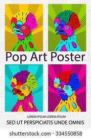 Pop Art poster. Bright colorful poster with chickens.