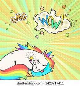 Pop art poster with cartoon unicorn, sticker OMG and speech bubble with text WOW! Comic book retro style imitation. Vector illustration. 