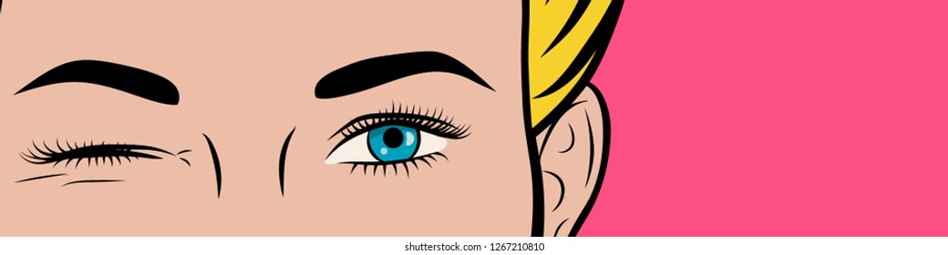 Pop art poster. Female eyes on pink background. The girl winks. Close up. Flyer template. Vector illustration in comic style.