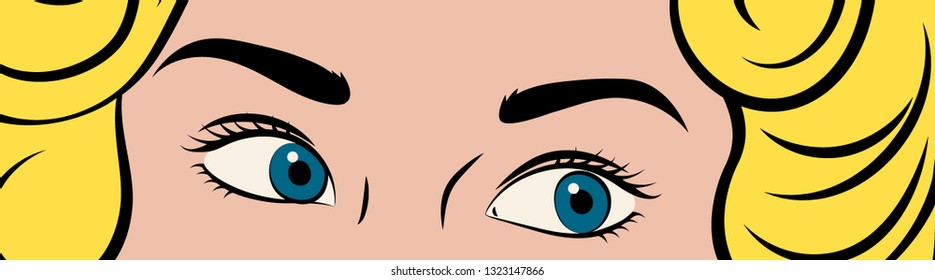 Pop art poster. Female eyes. Close up. Flyer template. Vector illustration in comic style.