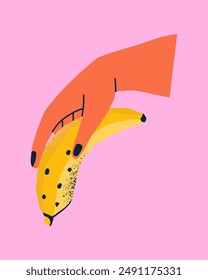 Pop art poster with hand holding banana. Hand drawn vector illustration for card, print. Elements isolated on background.
