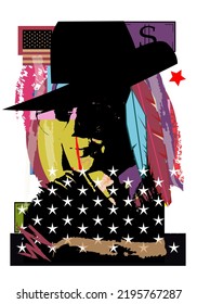 Pop Art Poster With A Indian, Native American Girl With Sunglasses, Money Bill And American Flag. 