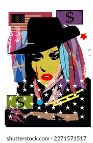 Pop art poster with a Indian, Native American girl with sunglasses, money bill and American flag. 