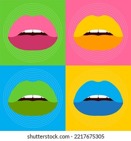 Pop Art Poster. Multicolored lips. Multicolored background. Vector illustration