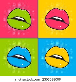 Pop art poster. Multi-colored lips on a multi-colored background. vector illustration