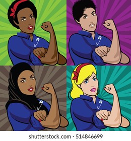 Pop art poster of multicultural Rosie the Riveters wearing a safety pin. We can do it. You're safe with me. EPS 10 vector.