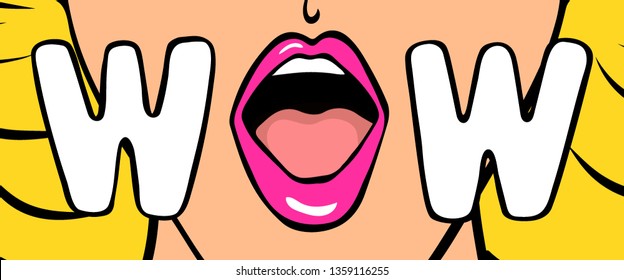 Pop Art Poster. Open mouth close-up. Wow! Vector illustration