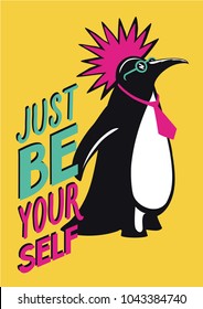 Pop art poster with penguin punk. Humorous illustration.