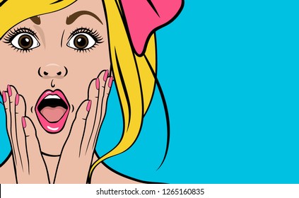 Pop art poster. Surprised woman. Omg female face. Vector illustration.