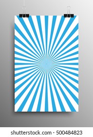 Pop art poster template hanging on clip binders. Retro comics abstract vector backdrop. Starburst, blue rays, diagonal stripes trendy background. Sunbeam vintage creative magazine cover idea