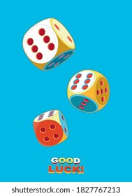 Pop Art poster of three rolling lucky dice double six in the sky