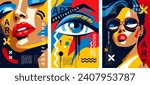 Pop art posters in the minimalist style. Flat graphics design. Girl, sunglasses, eyes, lips. For club or party, print for clothes, advertising layout