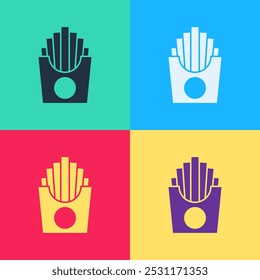 Pop art Potatoes french fries in carton package box icon isolated on color background. Fast food menu.  Vector