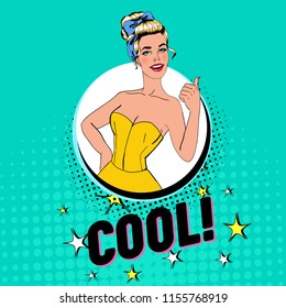 Pop Art Pretty Blonde Woman Posing with Thumb Up Sign. Joyful Girl Vintage Poster. Pin Up Advertising Placard Banner. Vector illustration