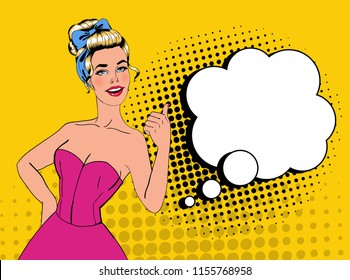 Pop Art Pretty Blonde Woman Posing with Thumb Up Sign. Joyful Girl Vintage Poster with Comic Speech Bubble. Pin Up Advertising Placard Banner. Vector illustration